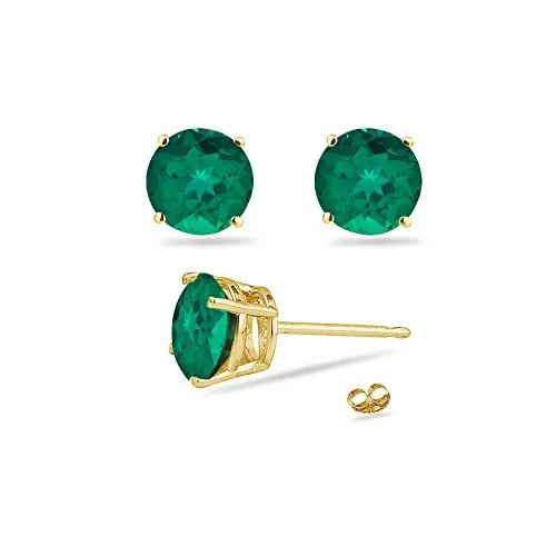 0.20-0.23 Cts of 3 mm AAA Round Russian Lab Created Emerald Stud Earrings in 14K Yellow Gold-Screw Backs