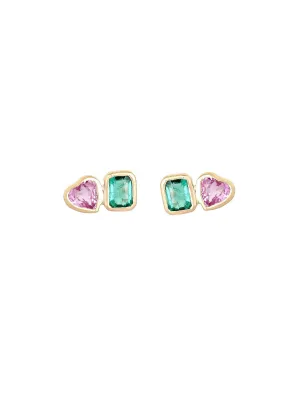 0.75ct Emerald Pink Sapphire 14K Gold Double Dainty Earrings
