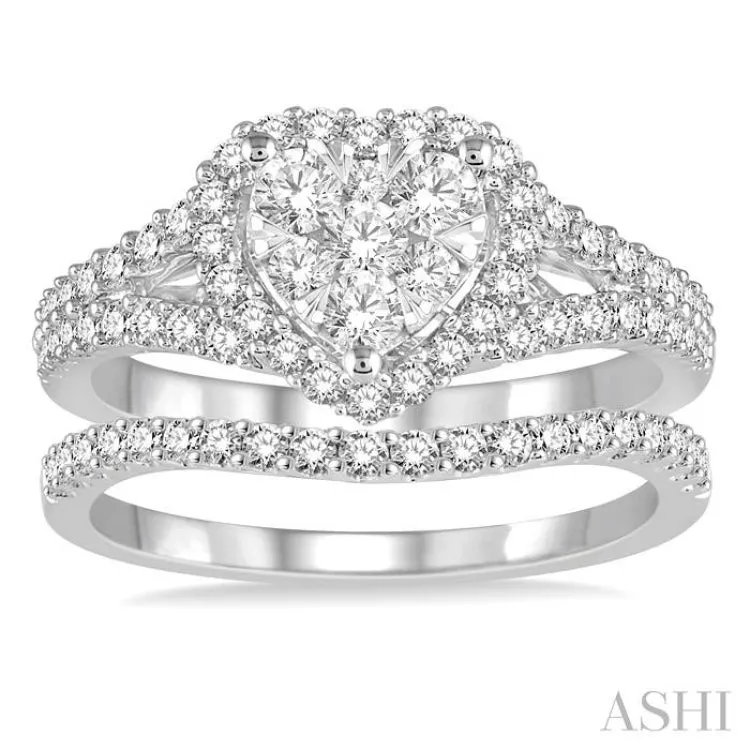 1 ctw Lovebright Round Cut Diamond Wedding Set With 3/4 ctw Heart Engagement Ring and 1/4 ctw Slender Curve Wedding Band in 14K White Gold