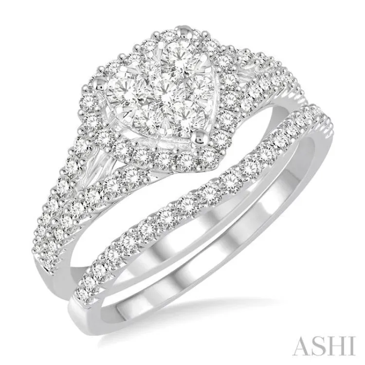 1 ctw Lovebright Round Cut Diamond Wedding Set With 3/4 ctw Heart Engagement Ring and 1/4 ctw Slender Curve Wedding Band in 14K White Gold