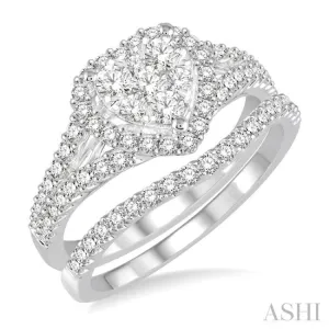 1 ctw Lovebright Round Cut Diamond Wedding Set With 3/4 ctw Heart Engagement Ring and 1/4 ctw Slender Curve Wedding Band in 14K White Gold