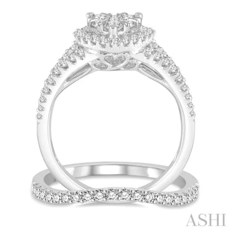 1 ctw Lovebright Round Cut Diamond Wedding Set With 3/4 ctw Heart Engagement Ring and 1/4 ctw Slender Curve Wedding Band in 14K White Gold