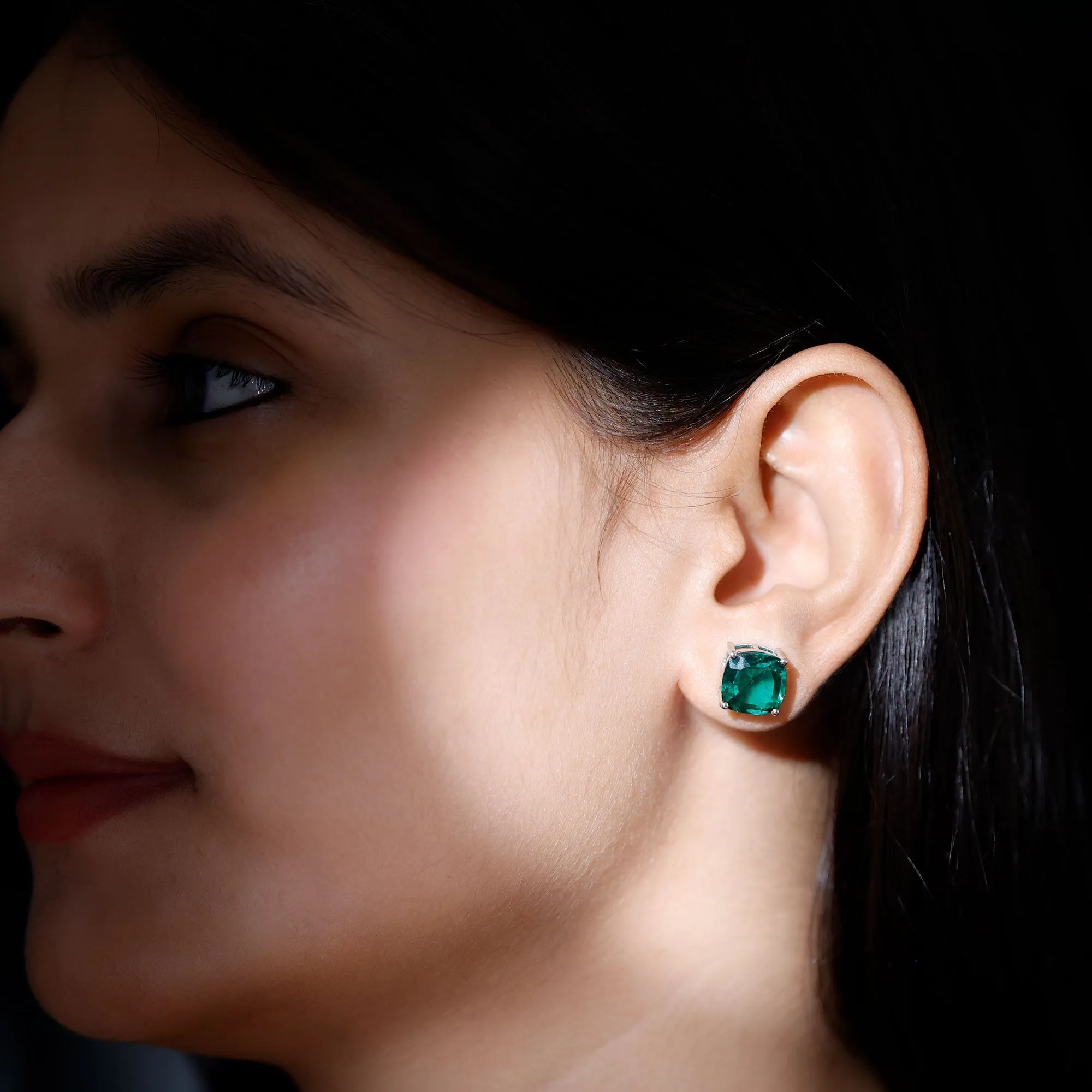10 MM Cushion Cut Created Emerald Solitaire Stud Earrings