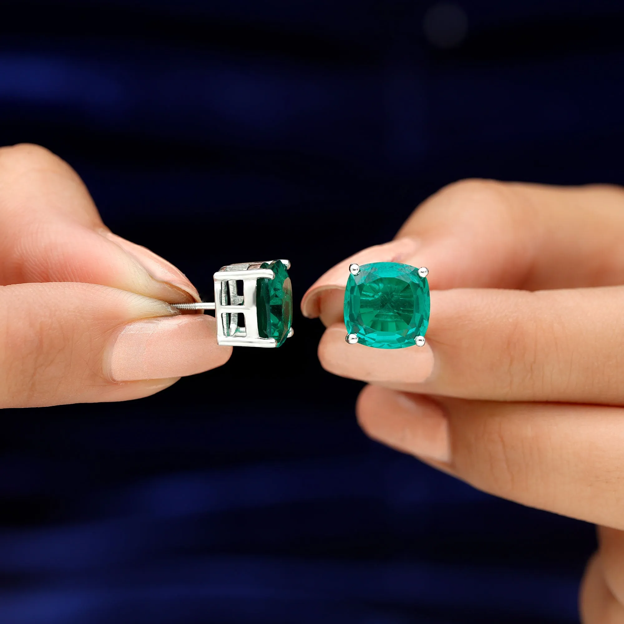 10 MM Cushion Cut Created Emerald Solitaire Stud Earrings