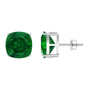 10 MM Cushion Cut Created Emerald Solitaire Stud Earrings
