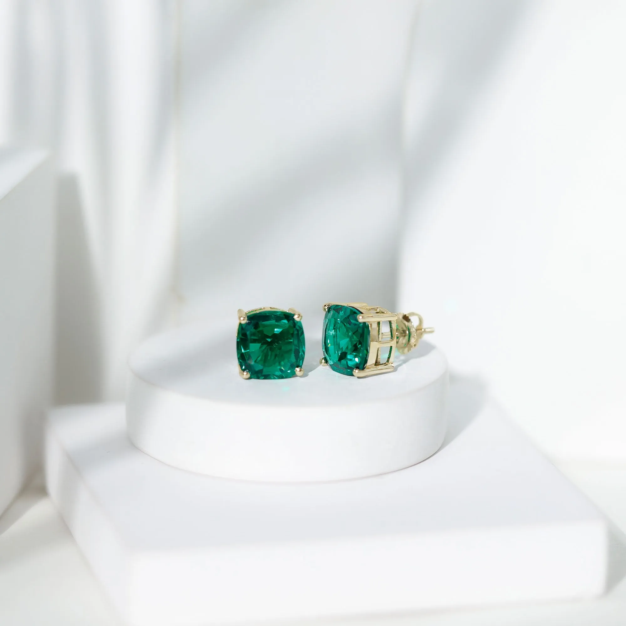 10 MM Cushion Cut Created Emerald Solitaire Stud Earrings