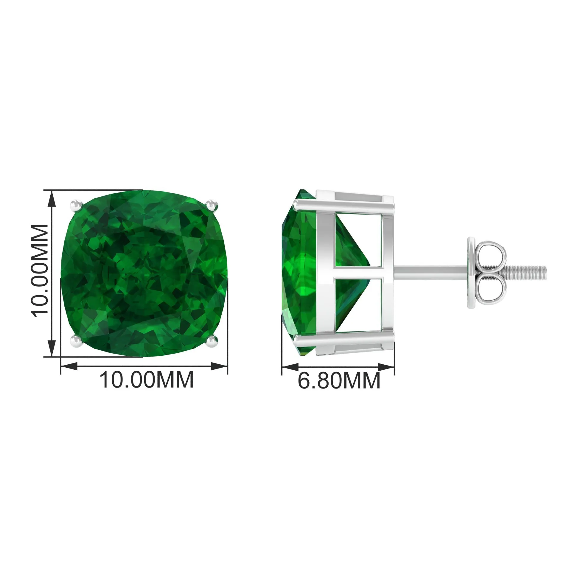 10 MM Cushion Cut Created Emerald Solitaire Stud Earrings