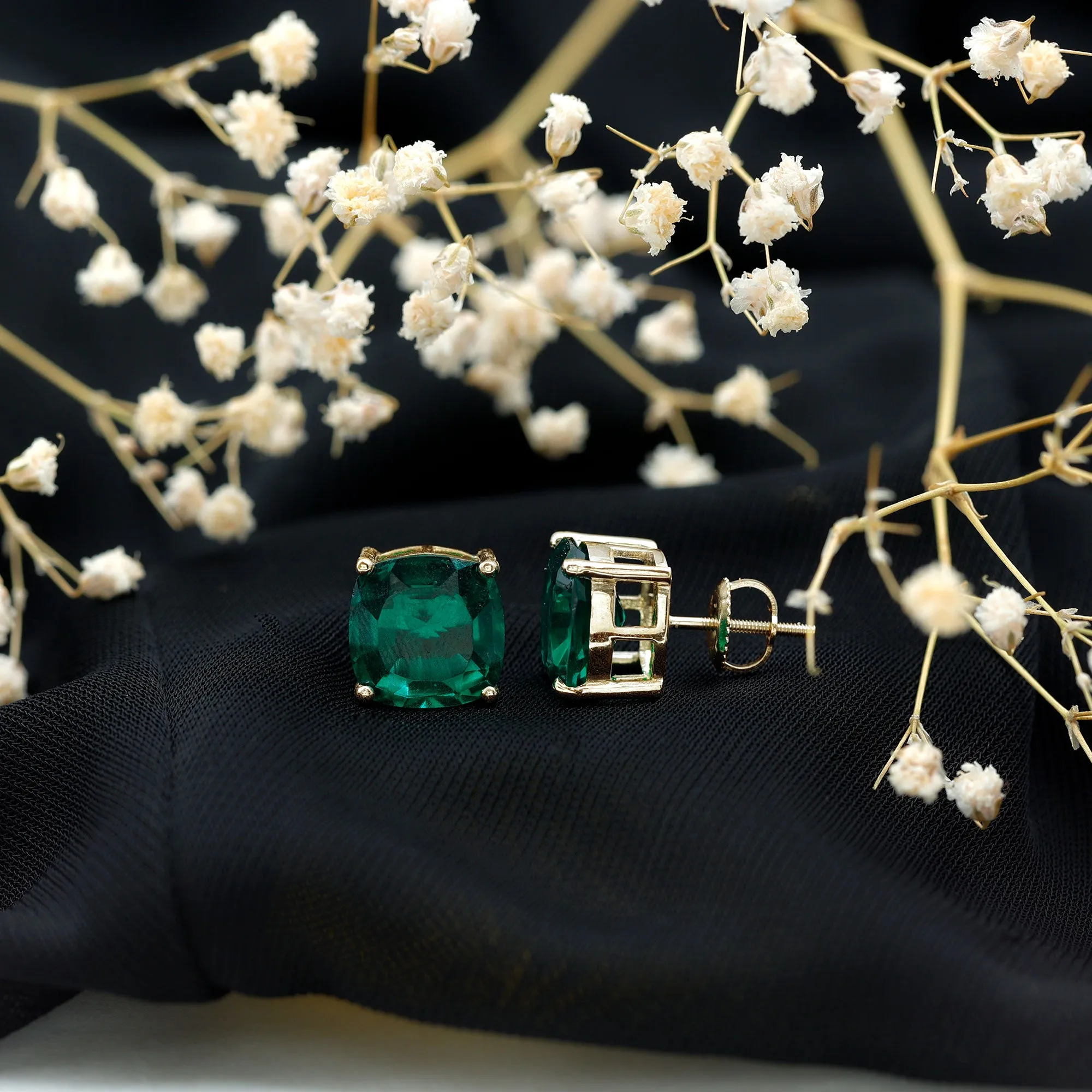10 MM Cushion Cut Created Emerald Solitaire Stud Earrings
