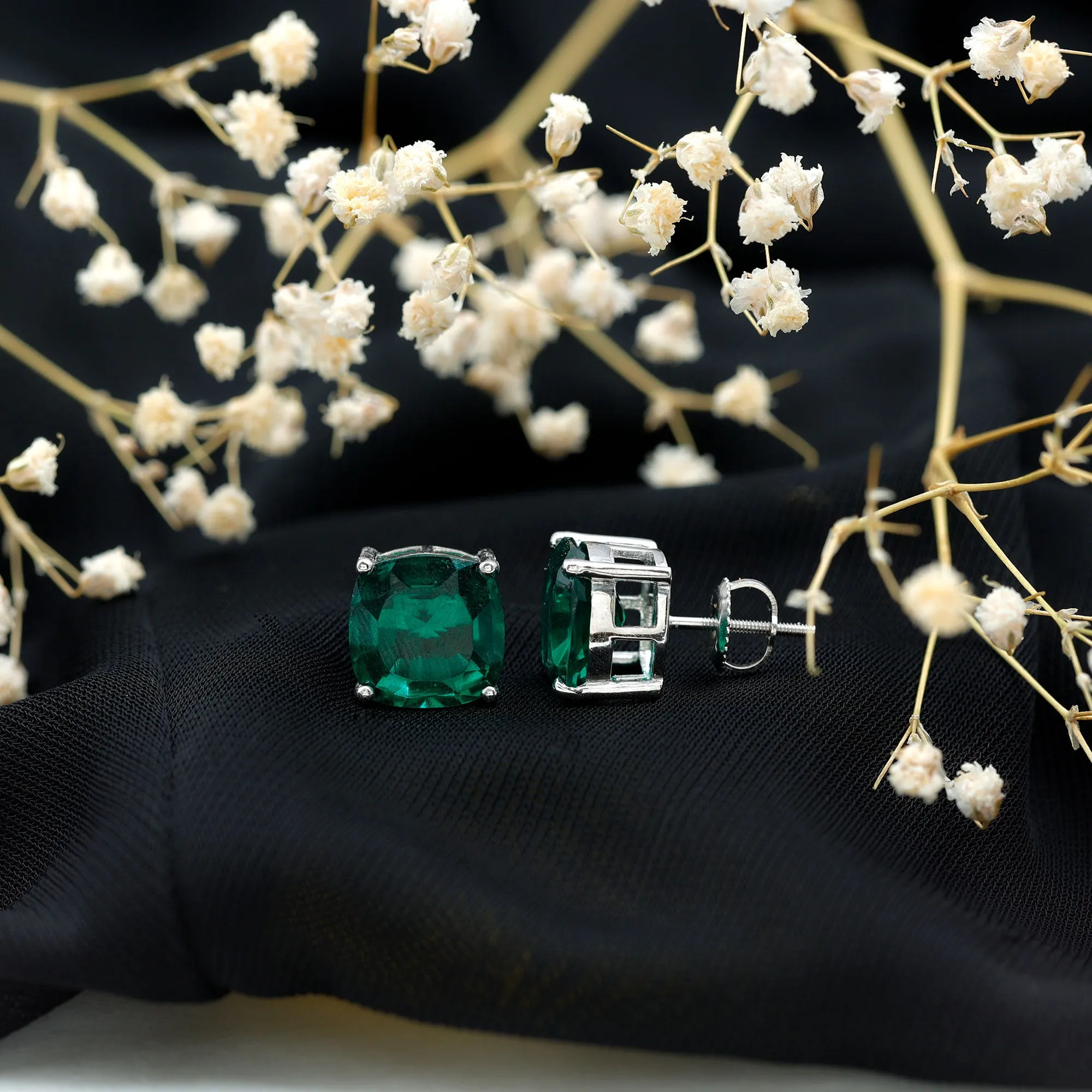 10 MM Cushion Cut Created Emerald Solitaire Stud Earrings