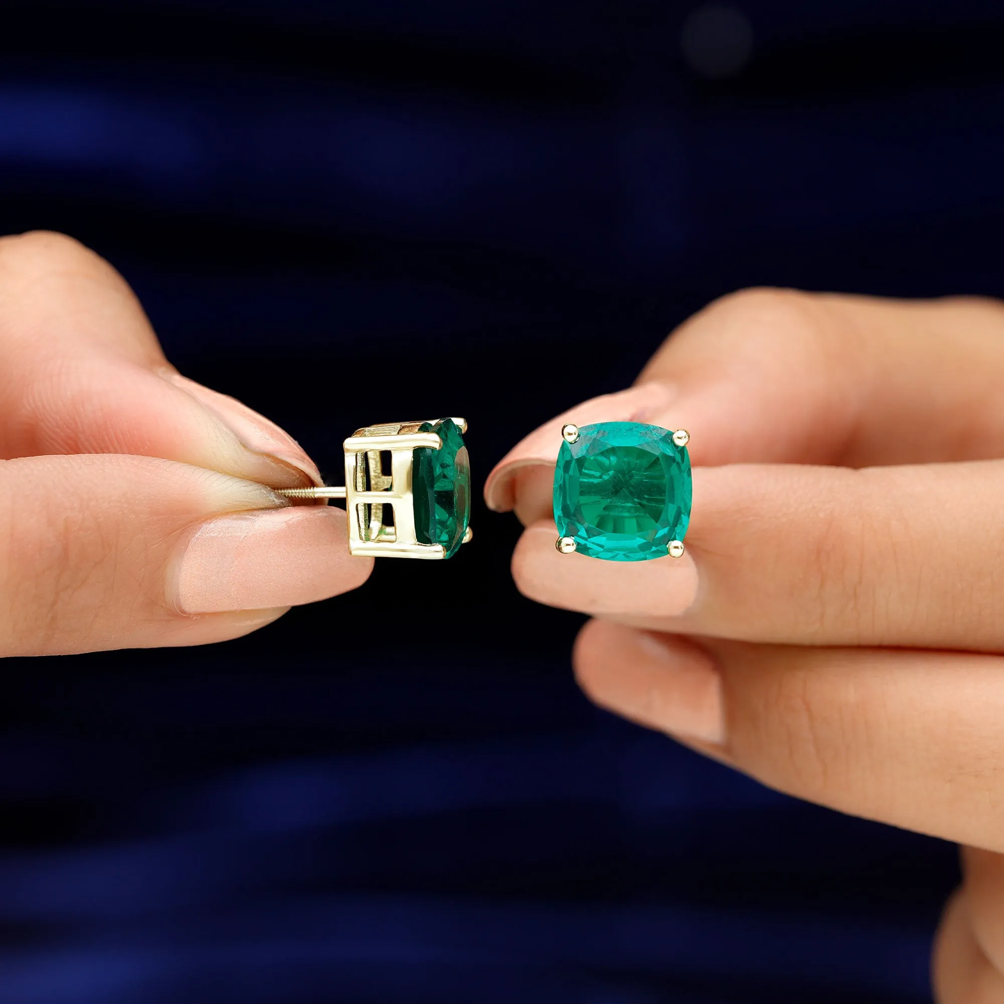 10 MM Cushion Cut Created Emerald Solitaire Stud Earrings