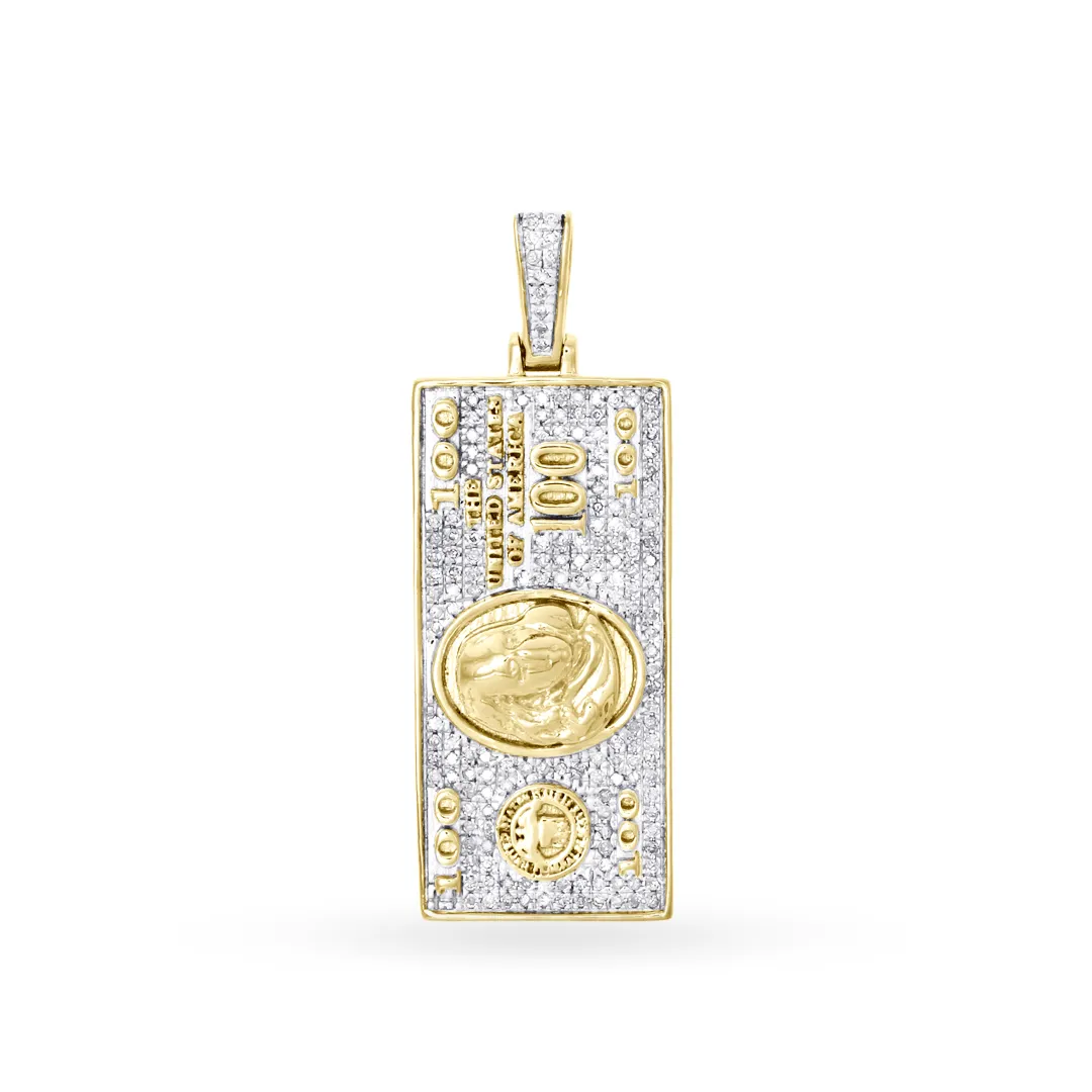 10K Yellow Gold $100 Bill Pendant With 1.00CT Diamonds