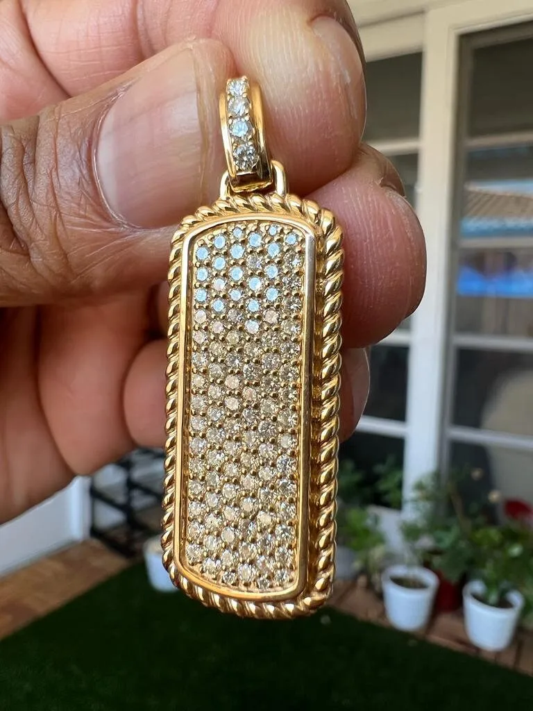 10k Yellow Gold Rectangle Men Pendant Necklace Pave Diamond Pendant for Men | 1.51Ct Round Cut Diamond - Gift for him