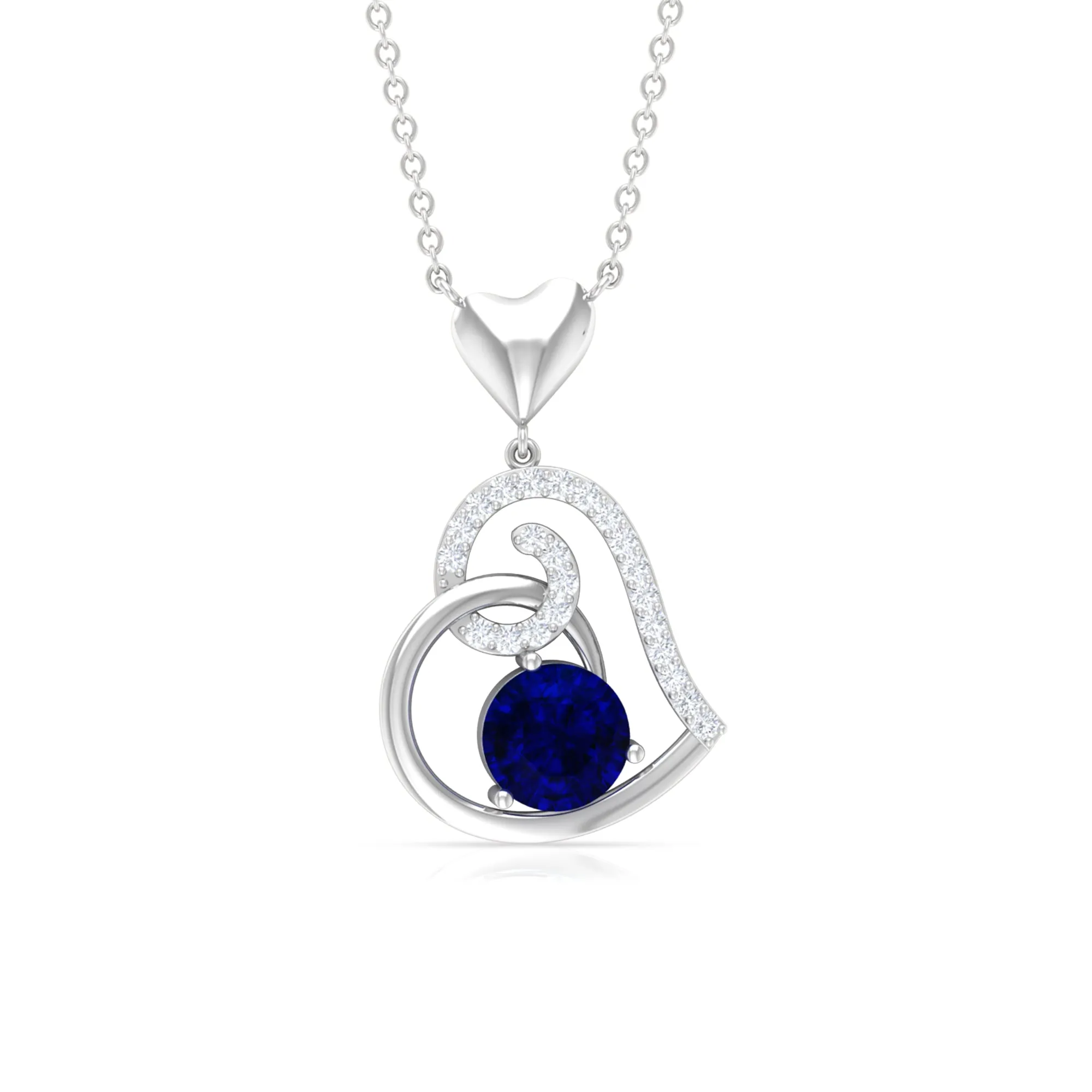 1.25 CT Created Blue Sapphire and Diamond Heart Drop Pendant