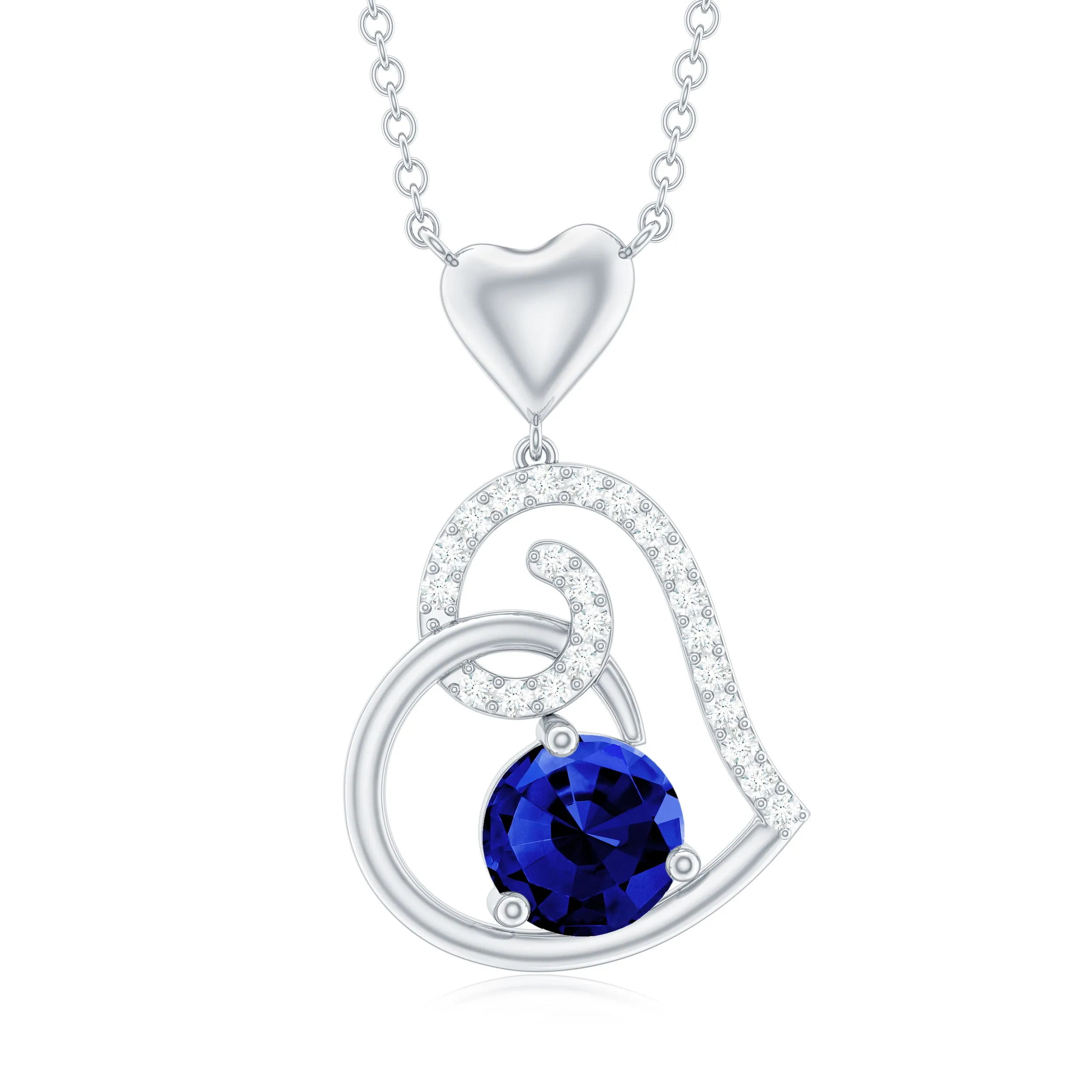 1.25 CT Created Blue Sapphire and Diamond Heart Drop Pendant