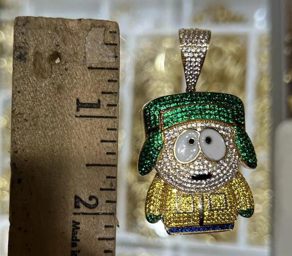 14K Gold Enameled Kyle Broflovski Character Pendant, Chunky Cartoon Character Charm, Men's Hip Hop CZ Pendant, Cartoon Character Pendant