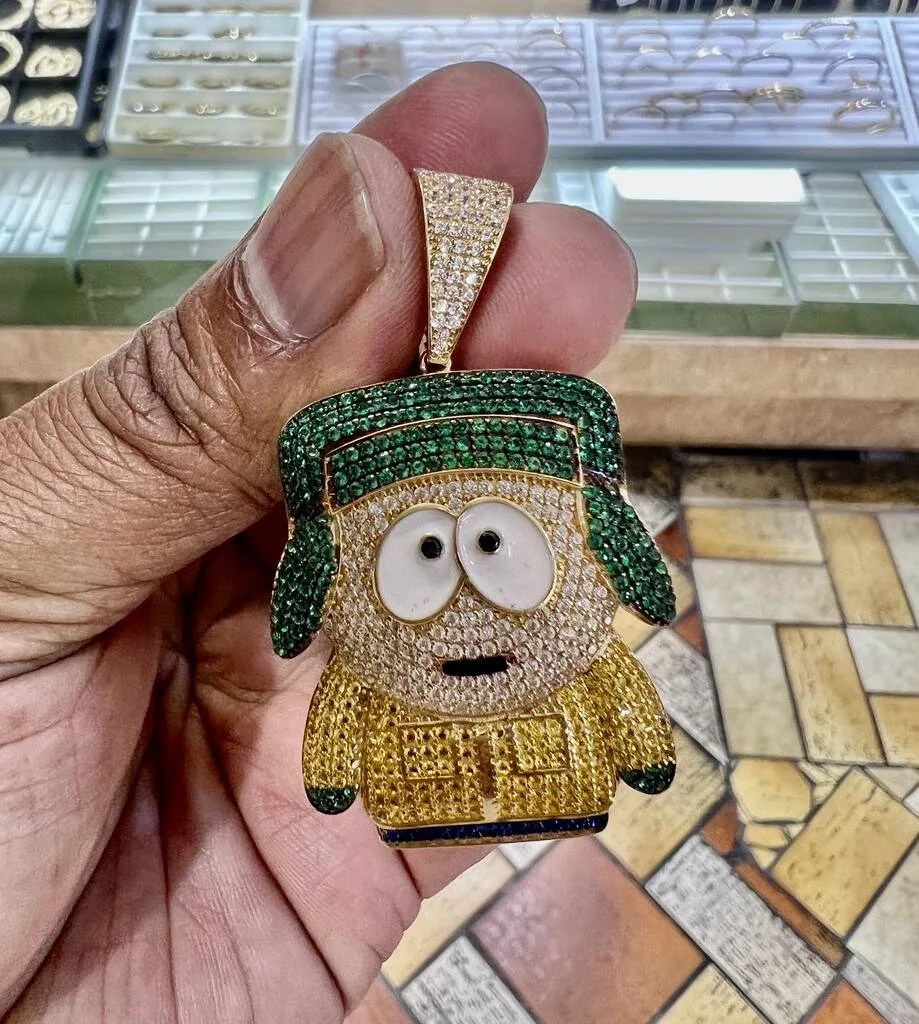 14K Gold Enameled Kyle Broflovski Character Pendant, Chunky Cartoon Character Charm, Men's Hip Hop CZ Pendant, Cartoon Character Pendant