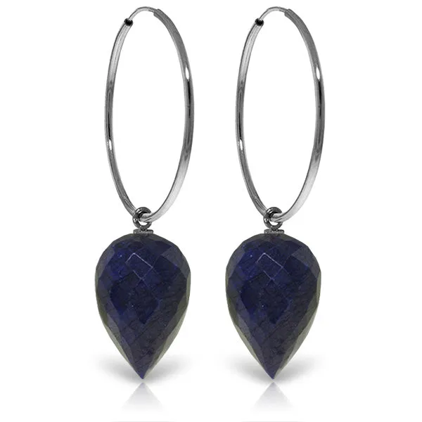 14K Solid White Gold Hoop Earrings w/ Pointy Briolette Drop Dyed Sapphires
