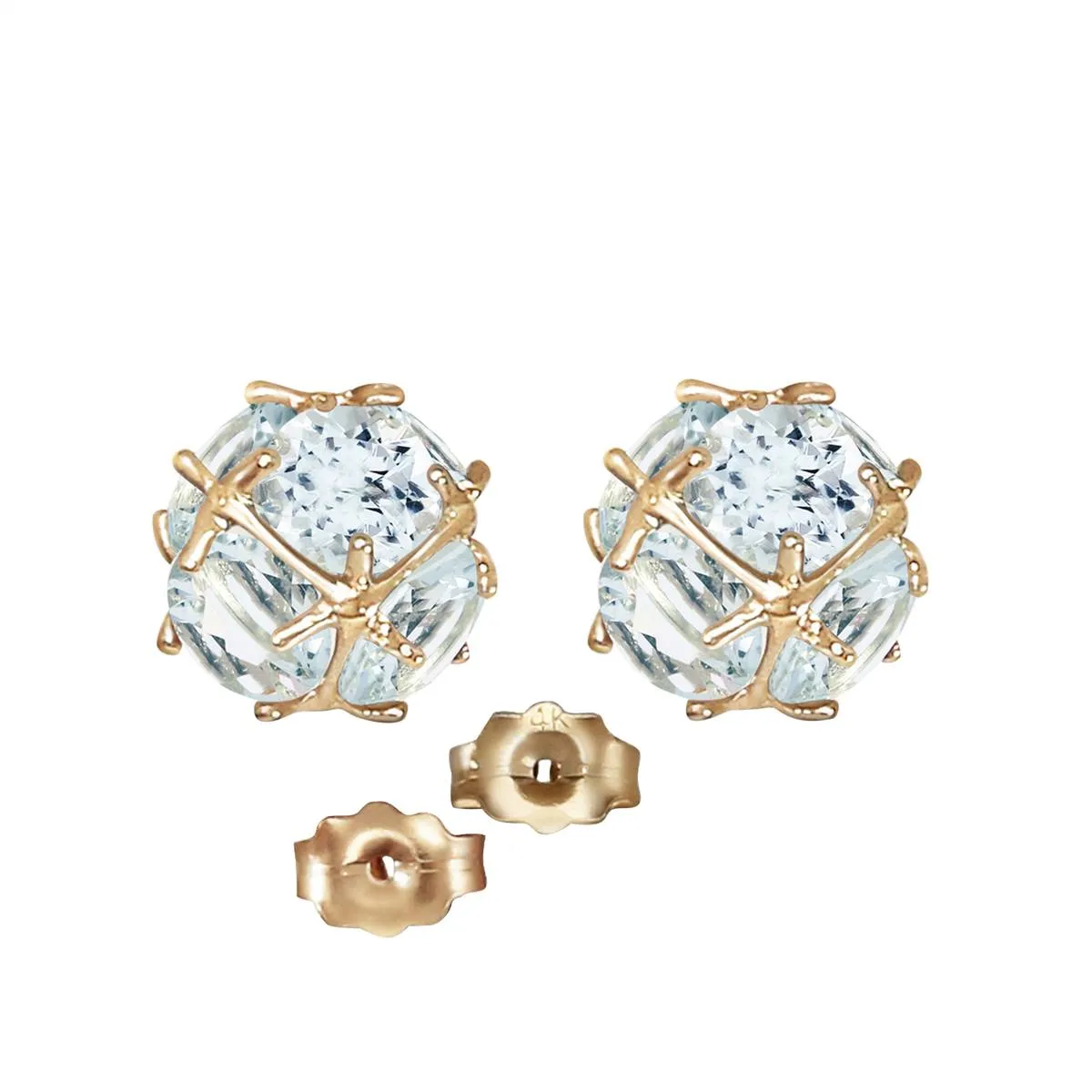 14K Solid Yellow Gold Stud Earrings w/ Natural Aquamarines