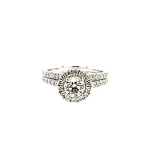 14k White Gold Diamond Halo Engagement & Wedding Band Set (I7464)