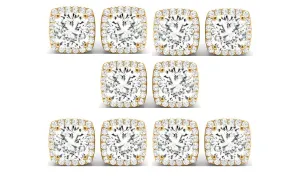 14k Yellow Gold 4Ct Cushion Cut White Sapphire Set Of Five Halo Stud Earrings Plated