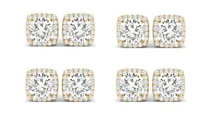 14k Yellow Gold 4mm 1Ct Cushion Cut White Sapphire Set Of Four Halo Stud Earrings Plated