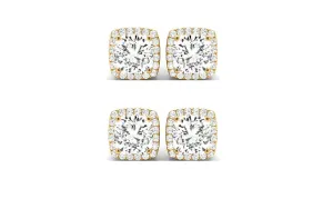14k Yellow Gold 6mm 3Ct Cushion Cut White Sapphire Set Of Two Halo Stud Earrings Plated