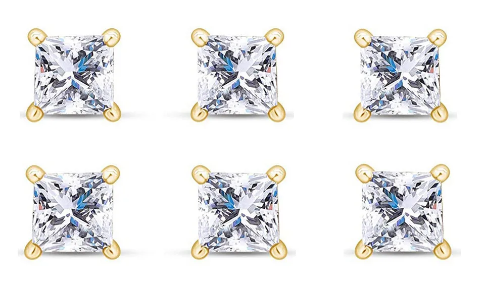 14k Yellow Gold Plated 1Ct Princess Cut White Sapphire Set Of Three Stud Earrings