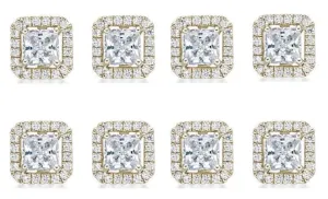 14k Yellow Gold Plated 4mm 3Ct Princess Cut White Sapphire Set of Four Halo Stud Earrings