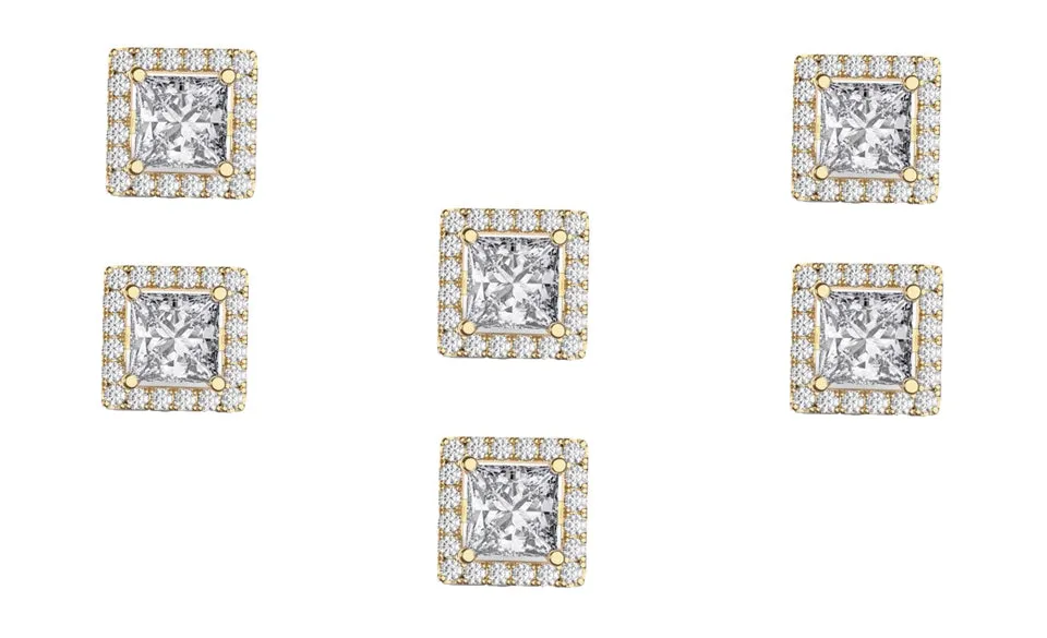 14k Yellow Gold Plated 6mm 2Ct Square Cut White Sapphire Set of Three Halo Stud Earrings