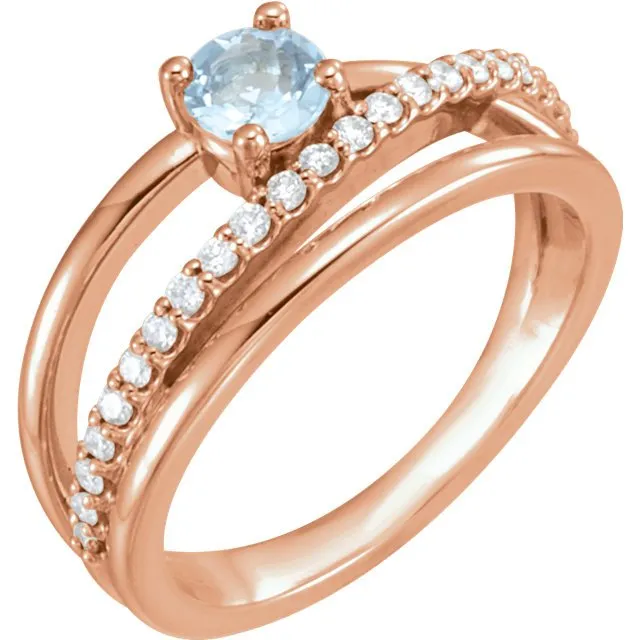 14KT GOLD 0.30 CT AQUAMARINE & 1/4 CTW DIAMOND BYPASS RING
