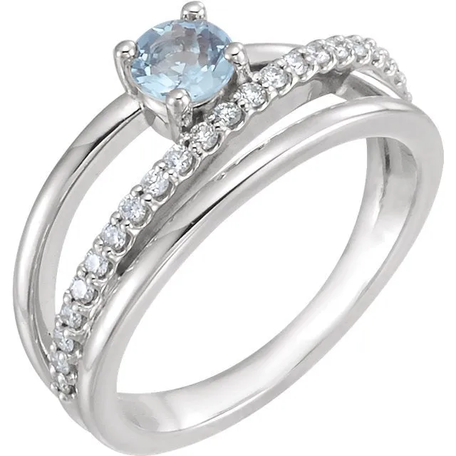 14KT GOLD 0.30 CT AQUAMARINE & 1/4 CTW DIAMOND BYPASS RING