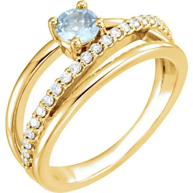14KT GOLD 0.30 CT AQUAMARINE & 1/4 CTW DIAMOND BYPASS RING