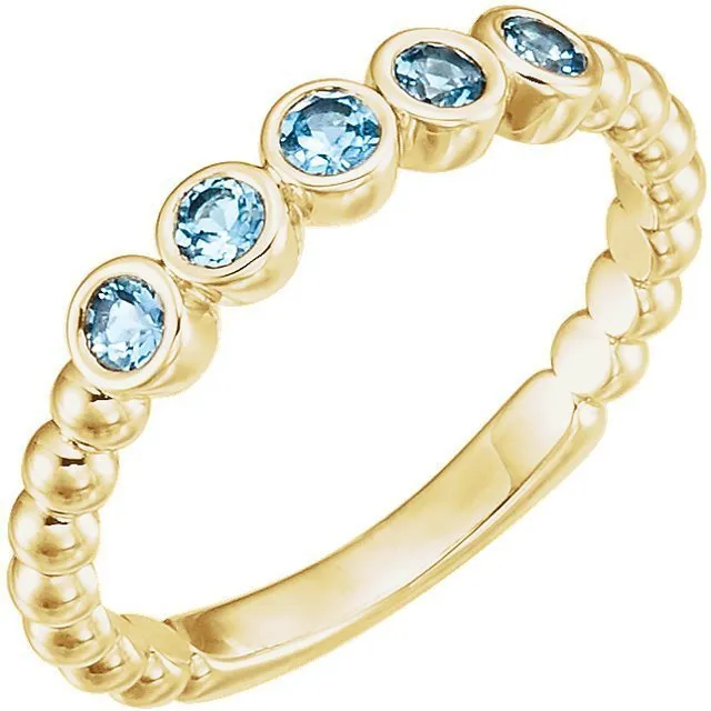 14KT GOLD 0.30 CTW AQUAMARINE BEZEL-SET 5 STONE BEADED RING