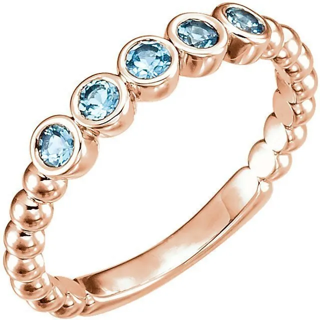 14KT GOLD 0.30 CTW AQUAMARINE BEZEL-SET 5 STONE BEADED RING
