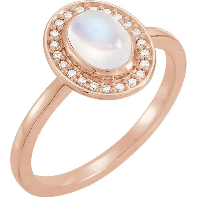 14KT GOLD 0.95 CT MOONSTONE & 1/10 CTW DIAMOND OVAL HALO RING