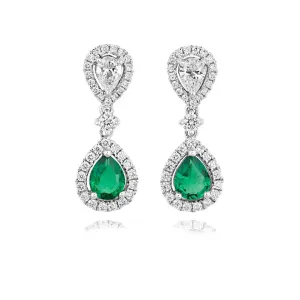 18ct white gold Emerald and Diamond and all Diamond pear shaped double cluster drop earrings