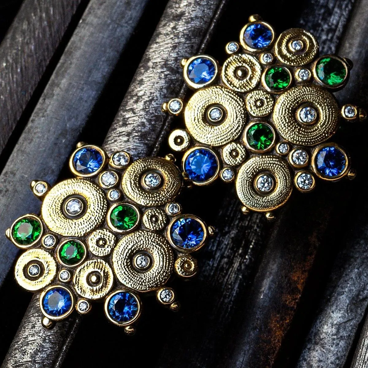 18K Ocean Blue Green Mix Sapphire Tsavorite & Diamond Earrings - E-90