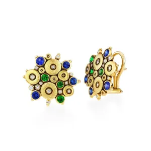 18K Ocean Blue Green Mix Sapphire Tsavorite & Diamond Earrings - E-90