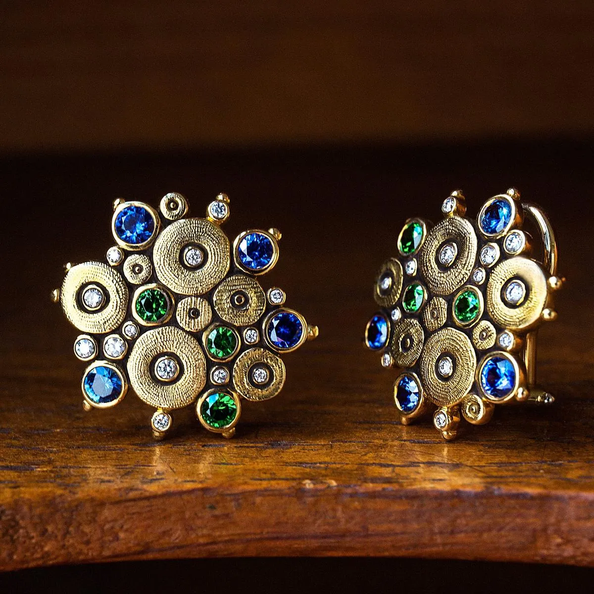 18K Ocean Blue Green Mix Sapphire Tsavorite & Diamond Earrings - E-90