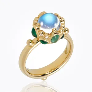 18K Small Cluster Ring with Royal Blue Moonstone, tsavorite and diamond