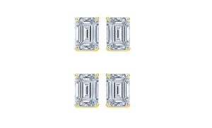 18k Yellow Gold 6mm 4Ct Emerald Cut White Sapphire Set Of Two Stud Earrings Plated