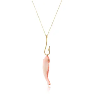 18K Yellow Gold Pink Coral Koi Fish Pendant