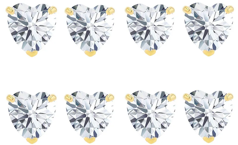 18k Yellow Gold Plated 1/2Ct Heart White Sapphire Set Of Four Stud Earrings