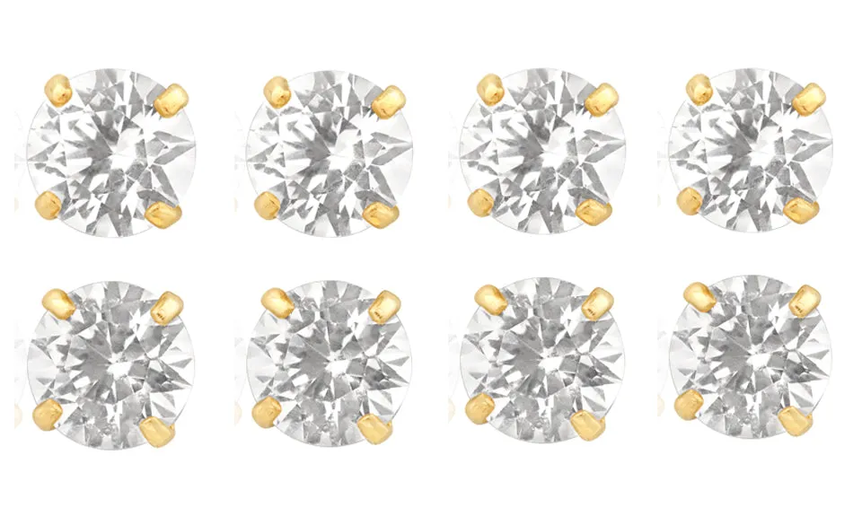 18k Yellow Gold Plated 3Ct Round White Sapphire Set Of Four Stud Earrings