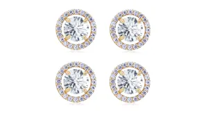 18k Yellow Gold Plated 4mm 1/2Ct Round White Sapphire Set of Two Halo Stud Earrings