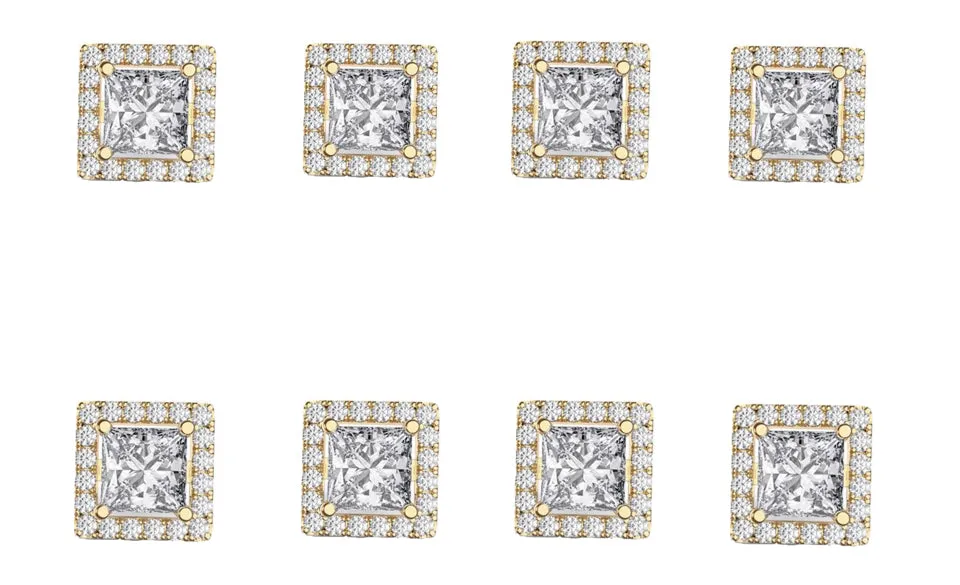 18k Yellow Gold Plated 4mm 1/2Ct Square Cut White Sapphire Set of Four Halo Stud Earrings