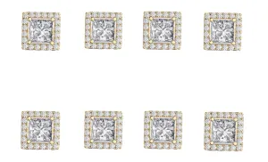 18k Yellow Gold Plated 4mm 1/2Ct Square Cut White Sapphire Set of Four Halo Stud Earrings