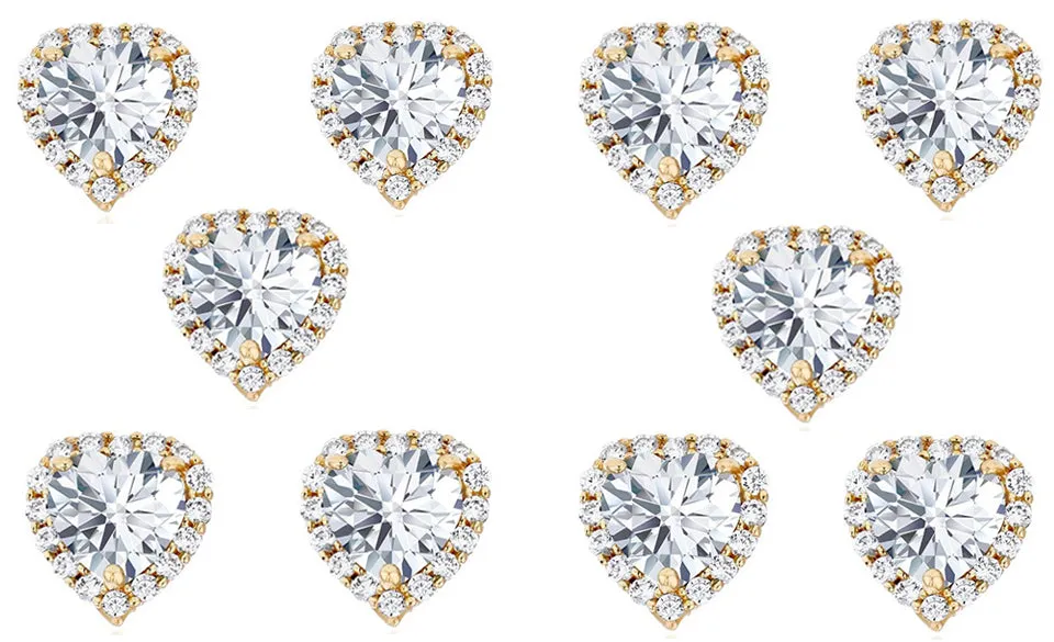 18k Yellow Gold Plated 4mm 2Ct Heart White Sapphire Set of Five Halo Stud Earrings