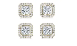 18k Yellow Gold Plated 4mm 2Ct Princess Cut White Sapphire Set of Two Halo Stud Earrings