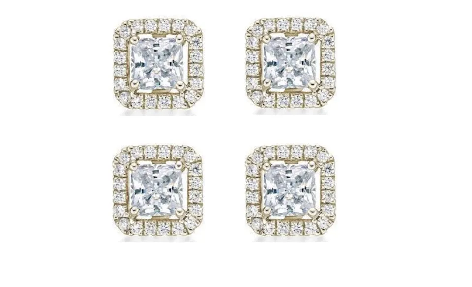 18k Yellow Gold Plated 4mm 2Ct Princess Cut White Sapphire Set of Two Halo Stud Earrings